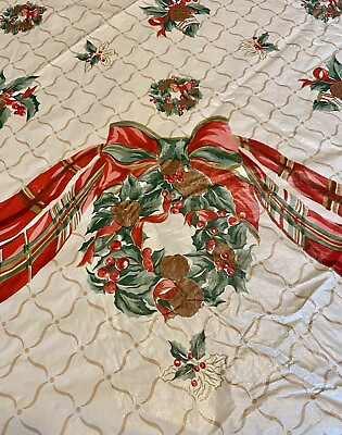 #ad Vintage Christmas Holly Wreath Ribbon Tablecloth Vinyl Flannel Back 70” Round $13.95