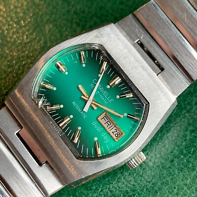#ad 1977 Caravelle Set O Matic Automatic Dual Day Green Dial Stainless Steel Watch $125.00