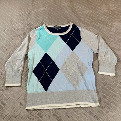 #ad Lands End Womens Small Sweater Blue Gray Argyle 3 4 Sleeve 100% Supima Cotton $11.69