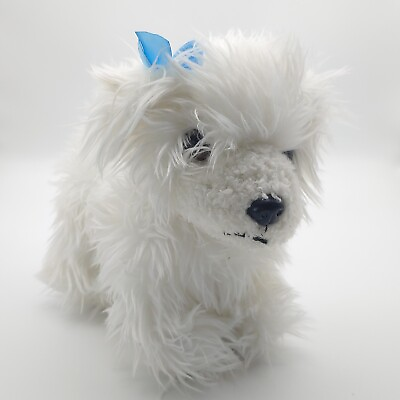 #ad White Realistic Dog Plush Maltese or small Terrier w Blue Bow 9quot; long puppy dog $15.99
