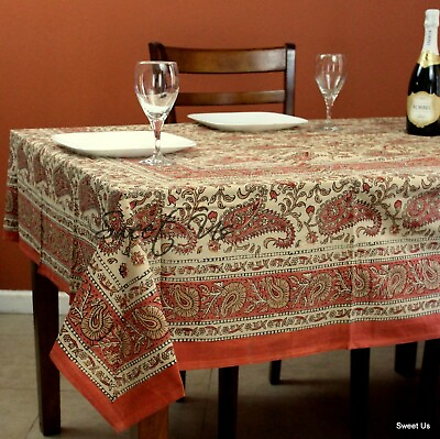 #ad Cotton Paisley Floral Block Print Tablecloth Rectangle Pink Orange Dining Linen $49.86
