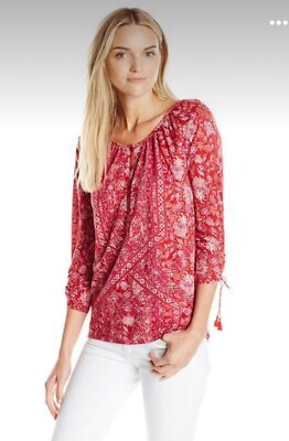 #ad Lucky Brand Red Multi Color Tie Sleeve Button Henley High Low Top Size Small $19.99