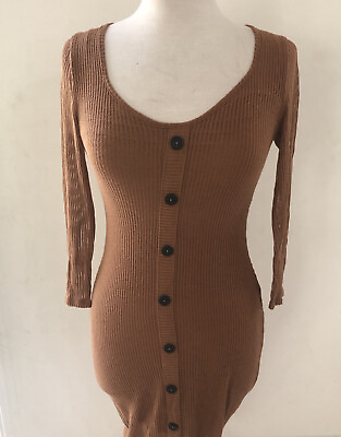#ad Express Women Brown Casual Dress XS Knitted Sheer Fabric Lined Mid Length $14.99