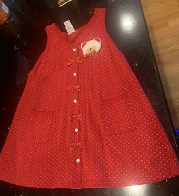 #ad Buster Brown Girls Bear Dress Red Polka Dot Fake Button Up Pullover Pockets Bows $20.00
