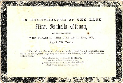 #ad US pre Civil War 1859 Remembrance Mourning Card Mrs Isabella Gibson Scarborough $52.46