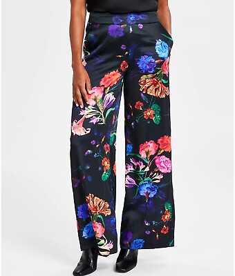 #ad I.N.C. Misses Black Floral Wide Leg Black Satin XS Pants $39.99