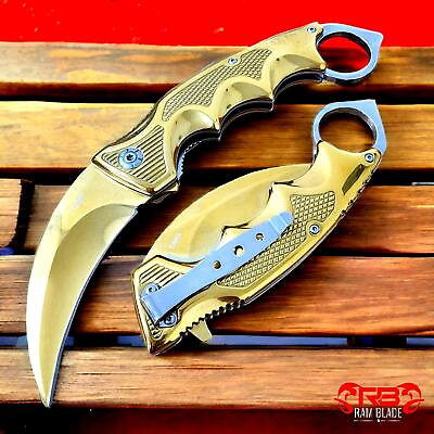 #ad 8quot; Gold KARAMBIT SPRING POCKET KNIFE Tactical Open Folding Claw Assisted Blade $17.62