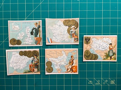 #ad Group of 5 trade cards maps of countries with costume coins shields $17.99
