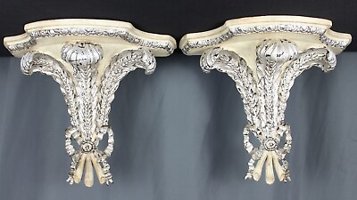 #ad Pair silver gilt Prince of Wales Plume Corbels Wall Sconces Shelf gesso style $175.00