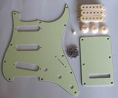 #ad Mint Green Guitar ST SSS Pickguard with Aged White Pickup Covers Knobs Tip $15.49