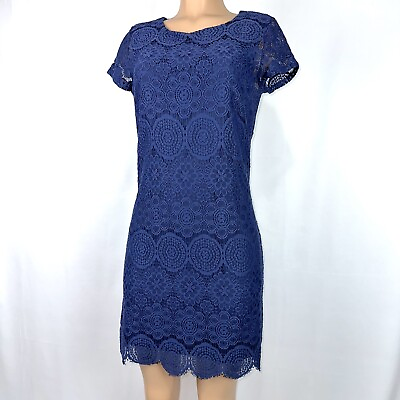#ad Laundry by Shelli Segal Scalloped Crewneck Lace Mini Dress Navy Blue Womens Sz 6 $19.98