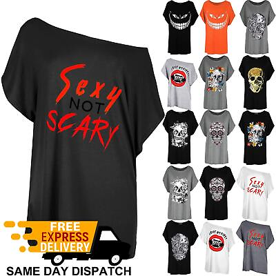 #ad Womens Ladies Halloween Sexy Not Scary Print Batwing Lagenlook Baggy T Shirt Top GBP 6.99