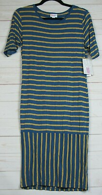 #ad Lularoe Women#x27;s Julia Dress Blue amp; Gold Striped Size M NWT $26.99