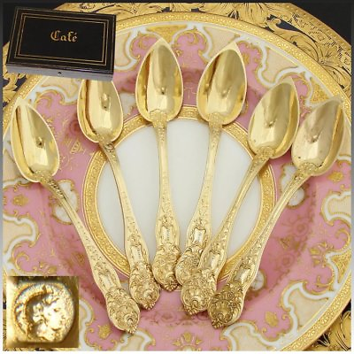 #ad Antique French 18k Vermeil 6pc Coffee or Teaspoon Set quot;Cafequot; Inlay Box quot;Deanquot; $521.25