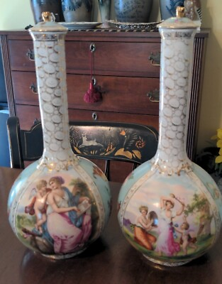 #ad Pair Austrian Porcelain Bottle Vases Classical Quatrefoil Scenes Kaufmann Style $295.00