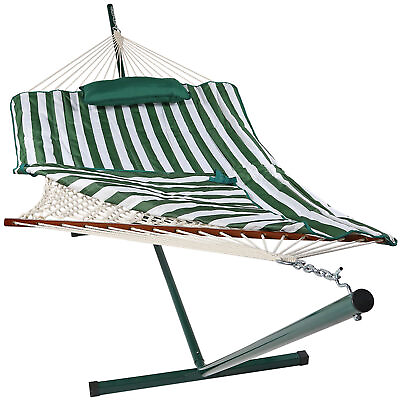#ad Large Rope Hammock with Steel Stand and Pad Pillow Green Stripe by Sunnydaze $139.00