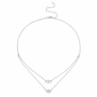 #ad 14K White Gold Diamond Eye Hamsa Hand Necklace Layered Double Pendant Natural $999.99