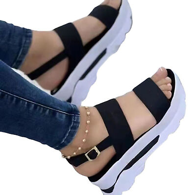 #ad 1 Pair Summer Sandals Ankle Strap Wear resistant Open Toe Pure Color Wedges $18.99