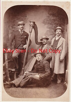 #ad SUPER Cabinet Card Photo 4 Men Musicians w HARP c 1880 Ramsgate England gay $295.00