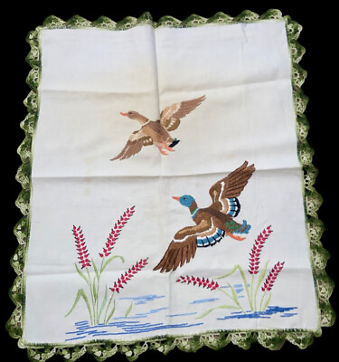 #ad Vintage Square Small Hand Embroidered Card Table Topper Ducks Spring Hunting $34.99