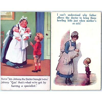#ad x2 LOT c1910s Nurse Baby Birth Comic Art Delivery PC Funny Twins D Tempest A146 $9.25
