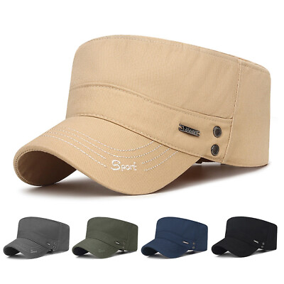 #ad Men Flat Top Army Hats Cadet Hat Cap Military Cap Bone Cap Casual Solid Color $7.58