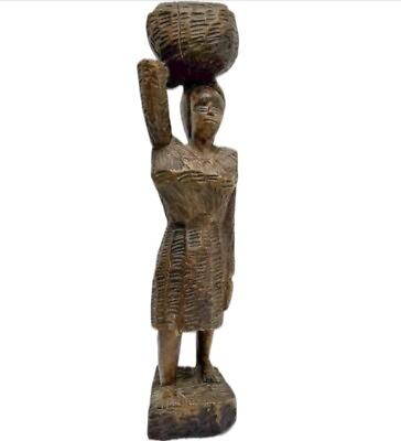 #ad African Sculpture Tribal Woman Water Pot on Head Wood Carving Abstract Art $38.00