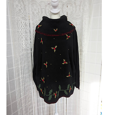 #ad Basic Editions Holiday Black Cowl Neck Embroidered Christmas Sweater Size Large $35.00