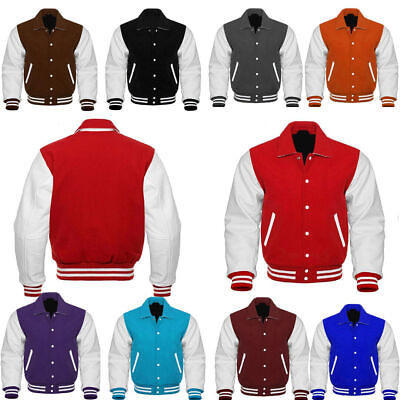 #ad Varsity Baseball Bomber Premium Wool amp; White Leather Sleeves Collar Retro Jacket $82.99