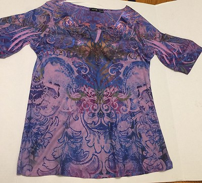#ad Apt 9 Purple Shirt M Sublimation V Neck Medium Cotton Rhinestones EUC $13.23