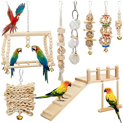 #ad 10 Pcs Parrot Swing Toys and Bird Perches Platform with Climbing Ladder Chewi... $32.01