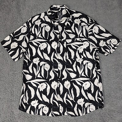 #ad H amp; M Abstract Mens Floral Short Sleeve Button Up Hawaiian Black White Shirt XL $14.95