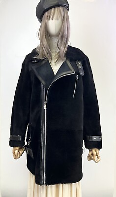 #ad New Women Real Merino Sheepskin Shearling 2 WAY Collar Motorcycle Coat S M Black $195.00