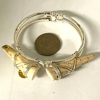 Women Natural Antler Bracelet Silver Tone Spring Hinge Wire Wrapped $19.00