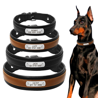 Black Personalized Dog Collars Genuine Leather Soft Padded Large Dogs Collar $14.99