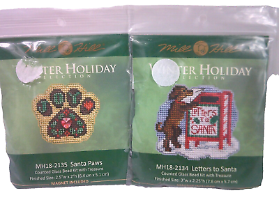 #ad Mill Hill Winter Holiday Glass Bead Cross Stitch Kit Santa Paws Dogs Lot of 2 $15.99