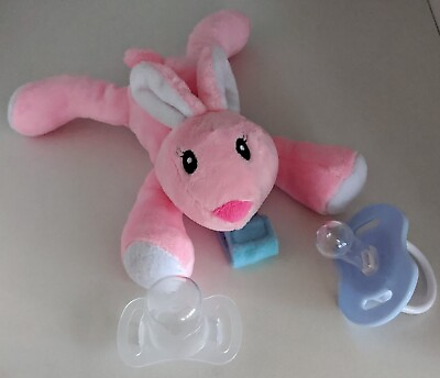 #ad Plushy Bunny Rabbit Stuffed Animal Detachable Pacifier Holder w Pink Binky $6.99
