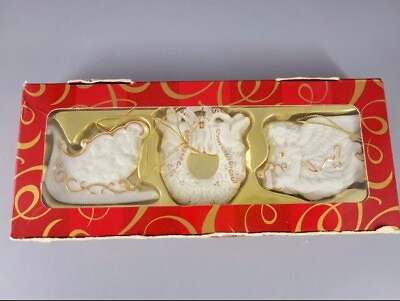 #ad AVON 3 Piece Porcelain Christmas Ornaments Bisque w 24k Gold Accent 2001 $12.00