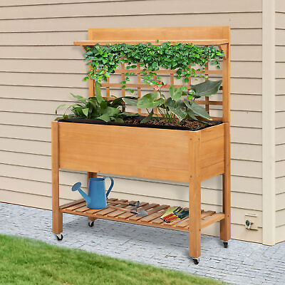 #ad Outdoor Wooden Elevated Growing Plant Bed w Shelves for Tool Storage amp; Wheels $124.99