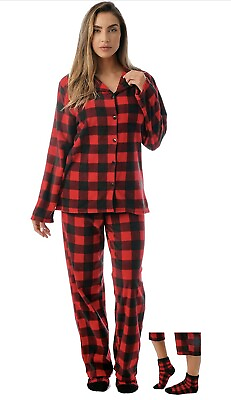 #ad #followme Microfleece Front Button Holiday Pajama Set with Socks XL Red Black $26.36