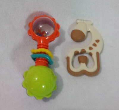 #ad Lot of 2 Rattle amp; Teether Rattle Barbell Giraffe Teether Infant Baby Toy Used $7.98