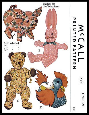 #ad McCall#x27;s 893 Sewing Pattern Bear Bunny Hen Chick Pig Stuffed Animal Toy 5.5 14 $5.25