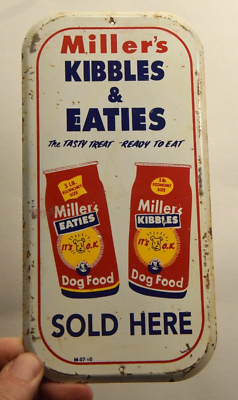 #ad #ad 1950s 4quot;x6quot; MILLER#x27;S KIBBLES amp; EATIES DOG FOOD STAMPED PAINTED METAL SIGN DOGS $175.00