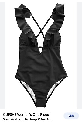 #ad Cupshe Size Small Black Swimsuit Ruffle DeepV E68 $15.00