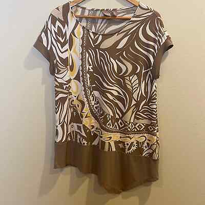 #ad Chico’s Front Asymmetric Short Sleeve Pattern Blouse w Beige and Yellow Design $18.00
