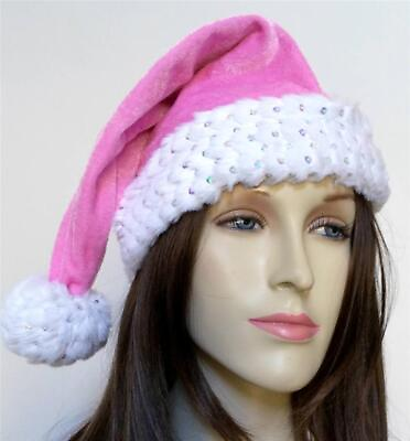 #ad Christmas Santa Claus Hat Cap MEDIUM Pink with Silver Sparkle Sexy Holidays NEW $11.43