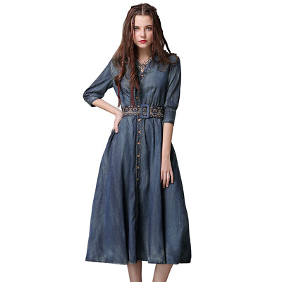 #ad New Women#x27;s Denim Dress Button Front Embroidered Maxi Shirt Dresses A2083 $66.00