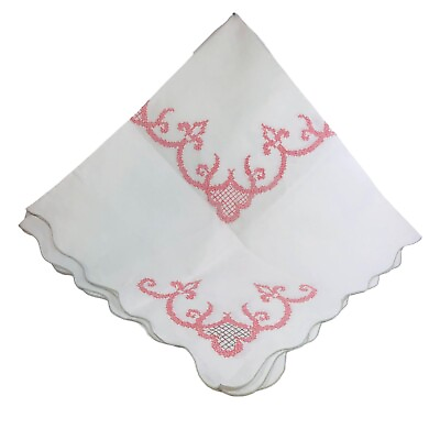 #ad Fine Linen Pink Cross Stitch Scallop Edge Tablecloth 50 in x 50 in $39.95