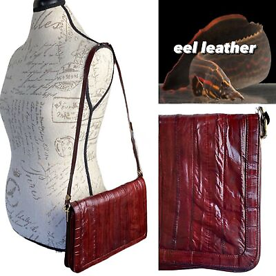 #ad Vtg Red Wine Exotic EEL Skin LEATHER Compartments Small Shoulder Crossbody Purse $28.98