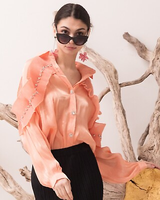 #ad Pleated ruffles with multi dimoned stone embellished sleeves organza shirt GBP 40.00